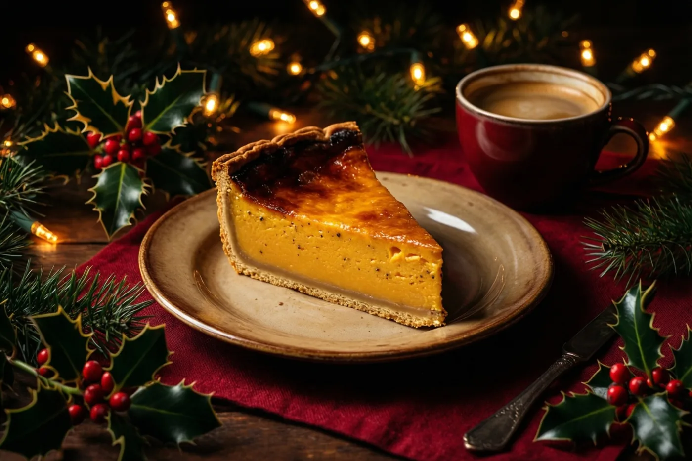 Een stuk goudkleurige pompoentaart met een gekaramelliseerde bovenkant ligt op een keramisch bord naast een rode mok koffie, hulsttakken en brandende kerstlichtjes op een donkere houten tafel.