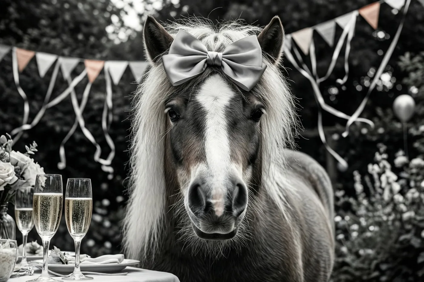 Een pony met een grote strik op het hoofd zit aan een versierde tafel met champagneglazen, voor slingers en groen in een zwart-witbeeld met kleuraccenten.