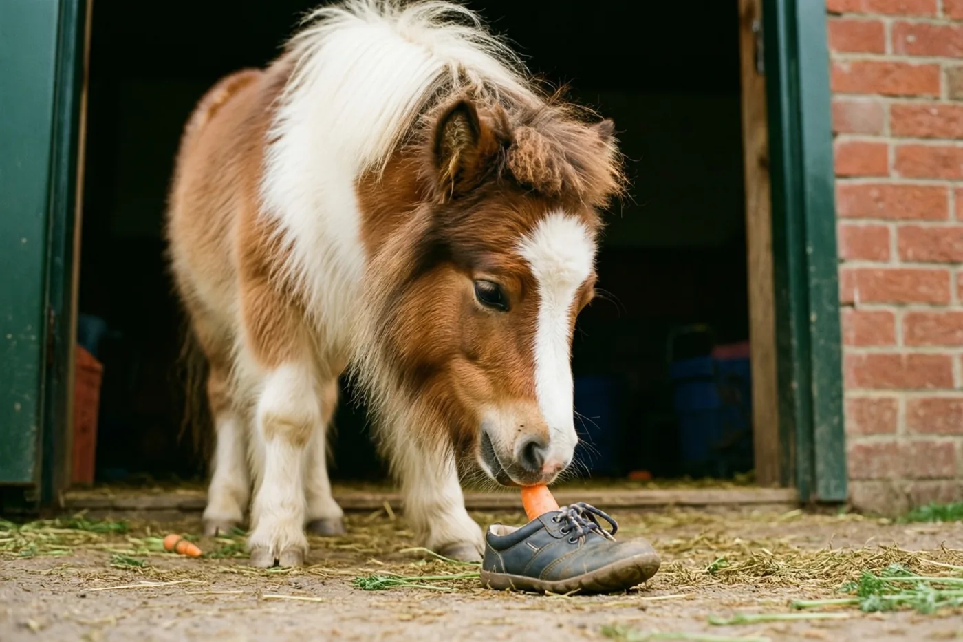 Een pluizig bruin-wit shetlandveulen snuffelt aan een wortel in een blauwe kinderschoen op een boerderijdrempel, bij een bakstenen muur en een open staldeur.