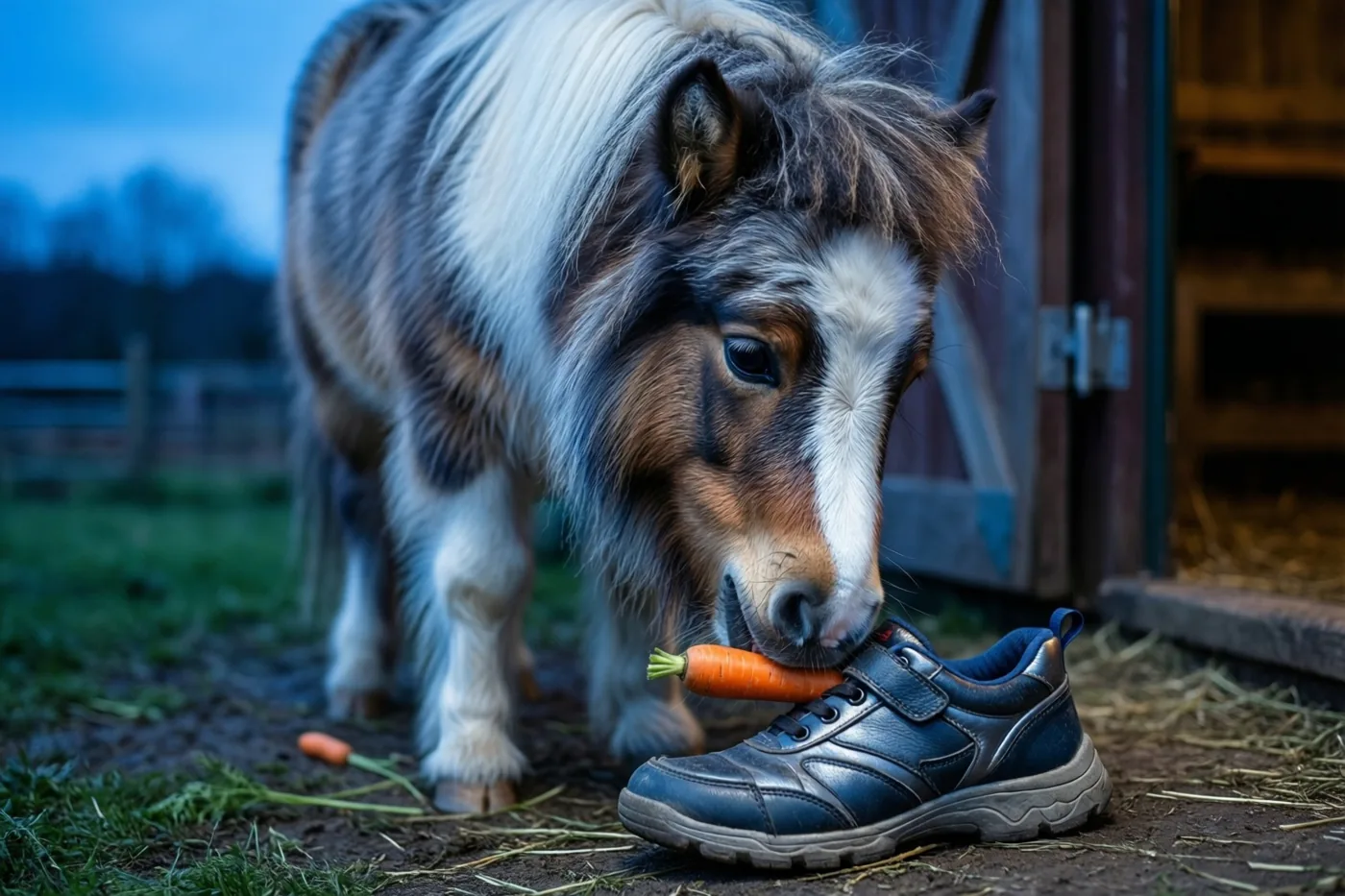 Een pluizig shetlandveulen snuffelt in de schemering aan een wortel op een kinderschoen op een boerderijdrempel, in blauwe en groene tinten.