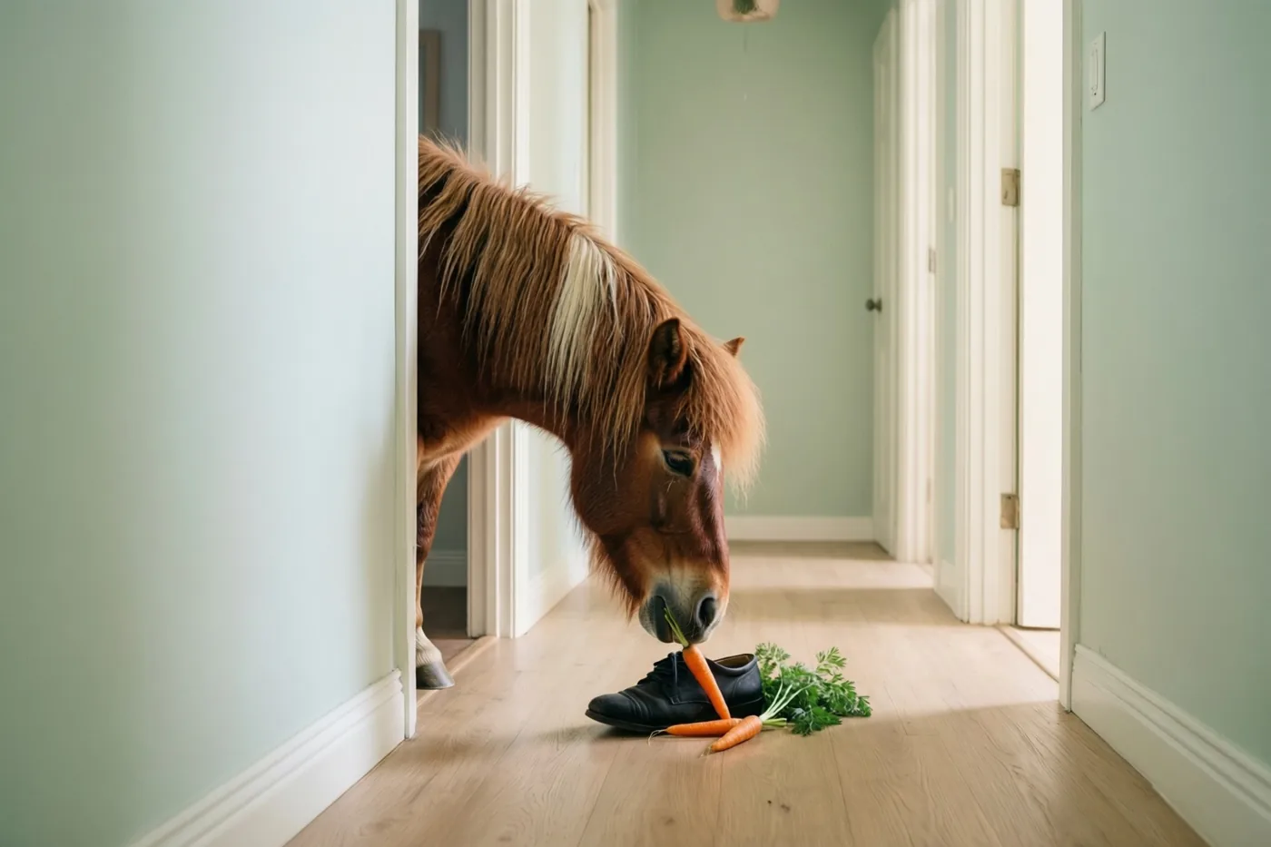 Een kleine bruine pony met witte manen steekt zijn hoofd door een deuropening en reikt naar een wortel in een zwarte schoen op de houten vloer van een lichtgroene gang.