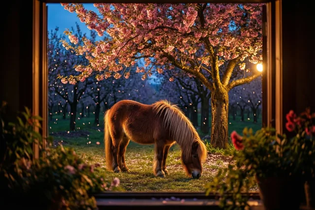 Een pony in de lenteavond