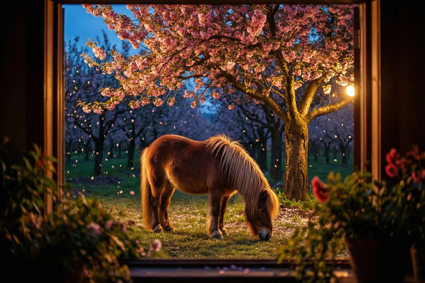 Door een raamkozijn is een ruige bruine pony te zien die graast onder een bloeiende kersenboom met dwarrelende roze bloemblaadjes, in warm licht onder een schemerblauwe lucht.