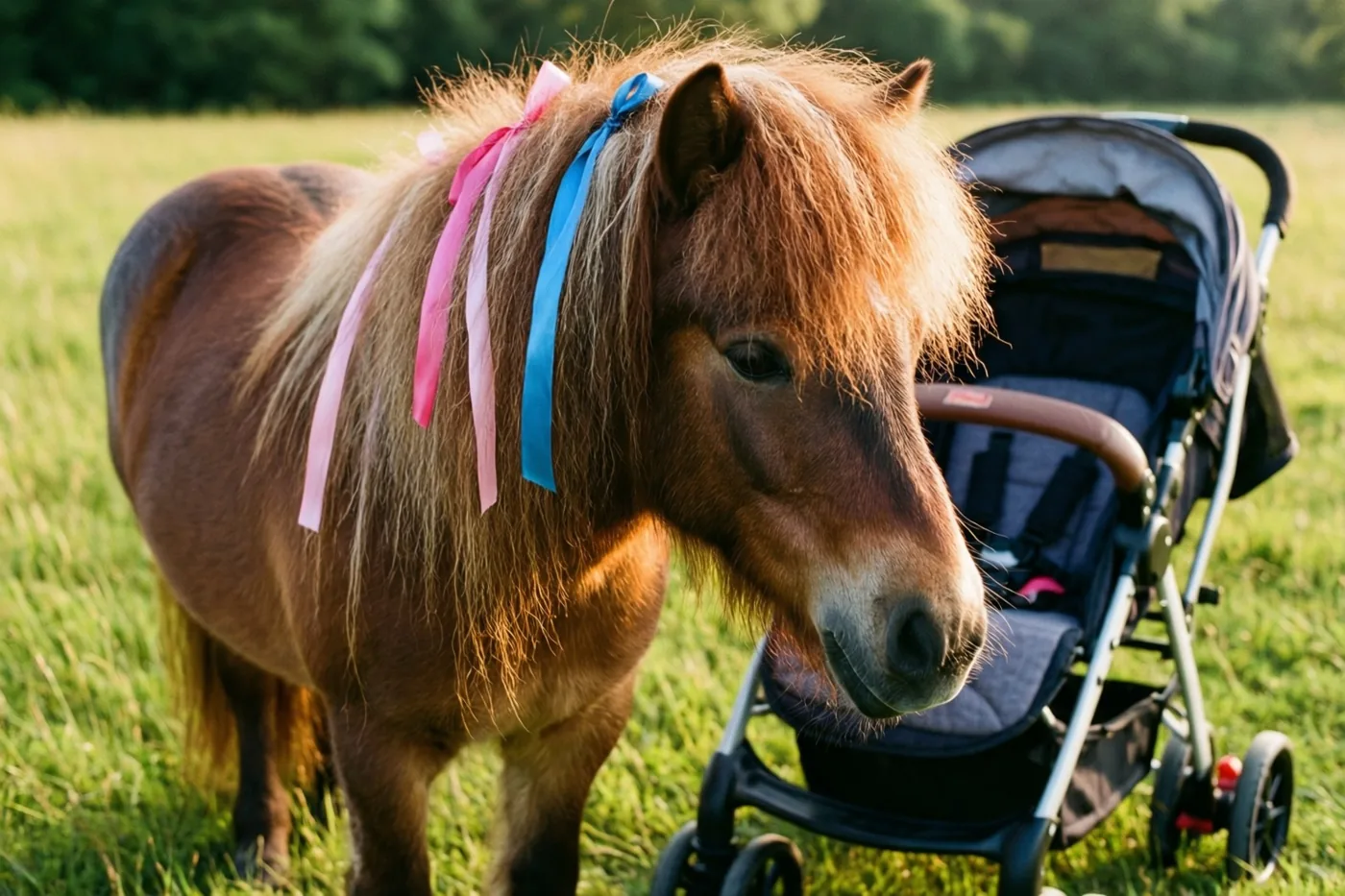 Een kleine bruine pony met roze en blauwe linten in de manen staat naast een buggy in een wei met groen gras en bomen in warm zonlicht.