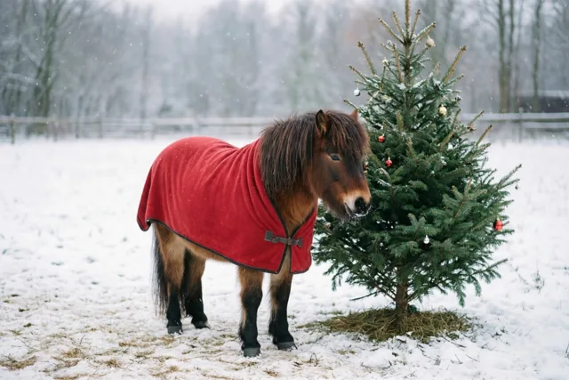 Kerstsneeuw rond de pony