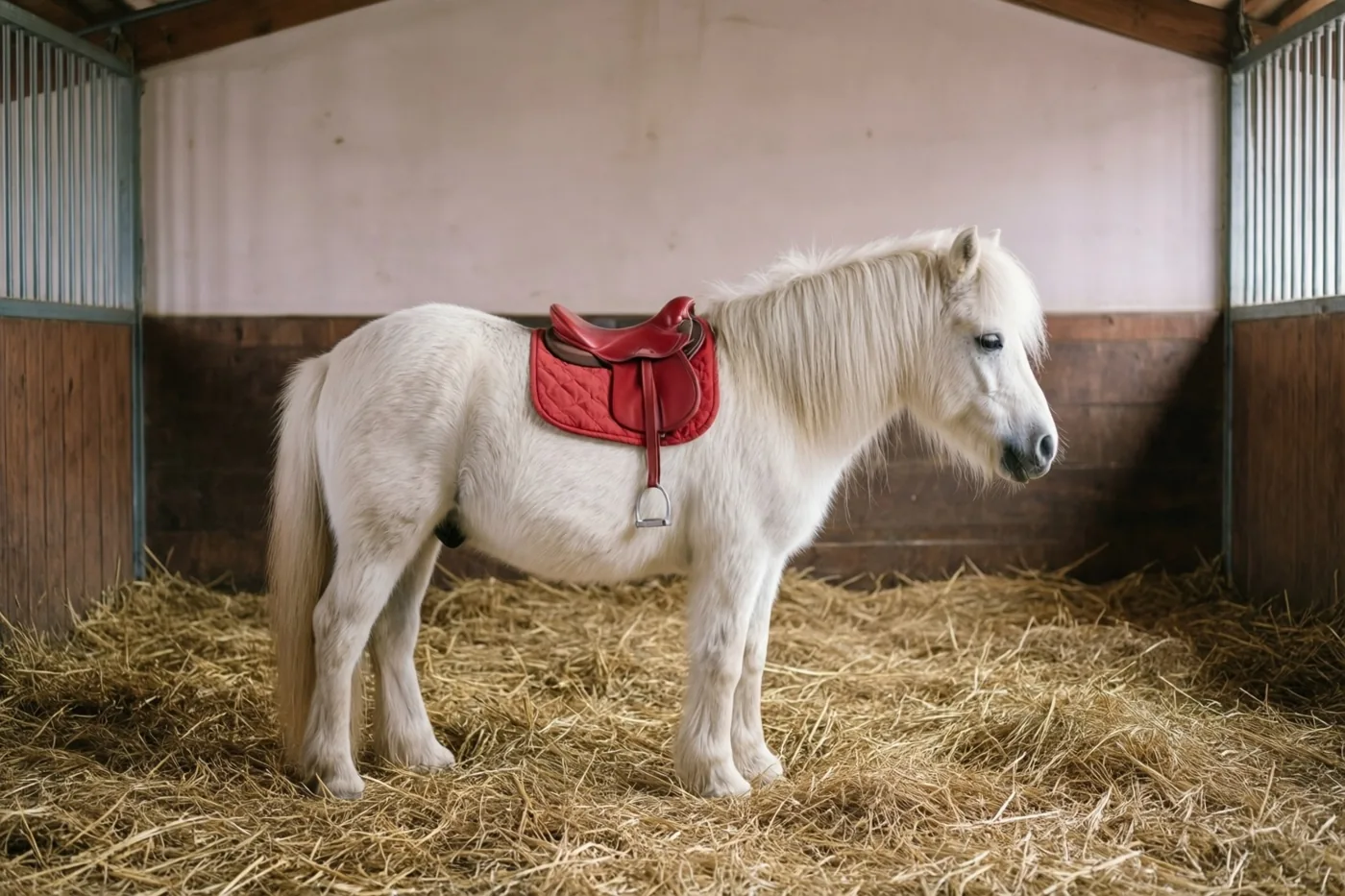 Een witte pony met een rood zadeldek staat op stro in een houten stal met lichte muren en metalen staldeuren.