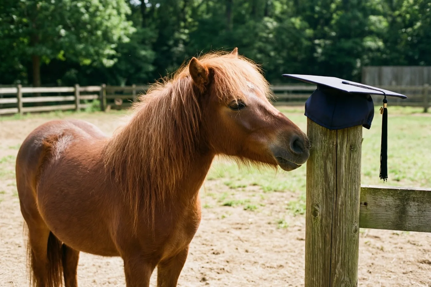Een kastanjebruine pony staat in een zonnige omheinde wei met zijn hoofd naar een afstudeerhoed aan een houten paal, voor groene bomen en een houten omheining.