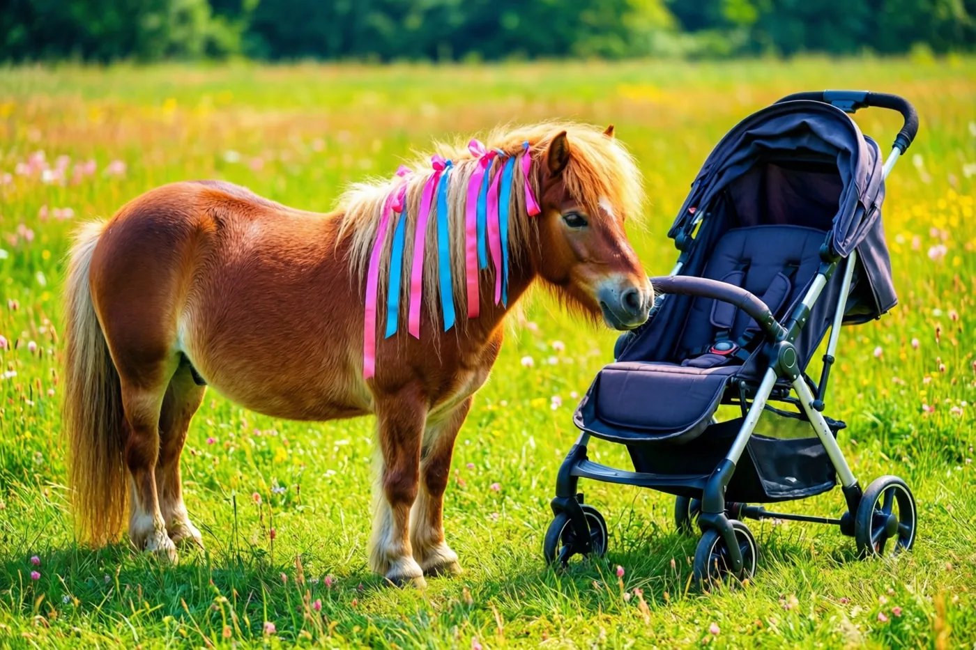 Een kleine bruine pony met roze en blauwe linten in de manen staat naast een donkerblauwe kinderwagen in een zonnige wei met wilde bloemen onder een heldere hemel.