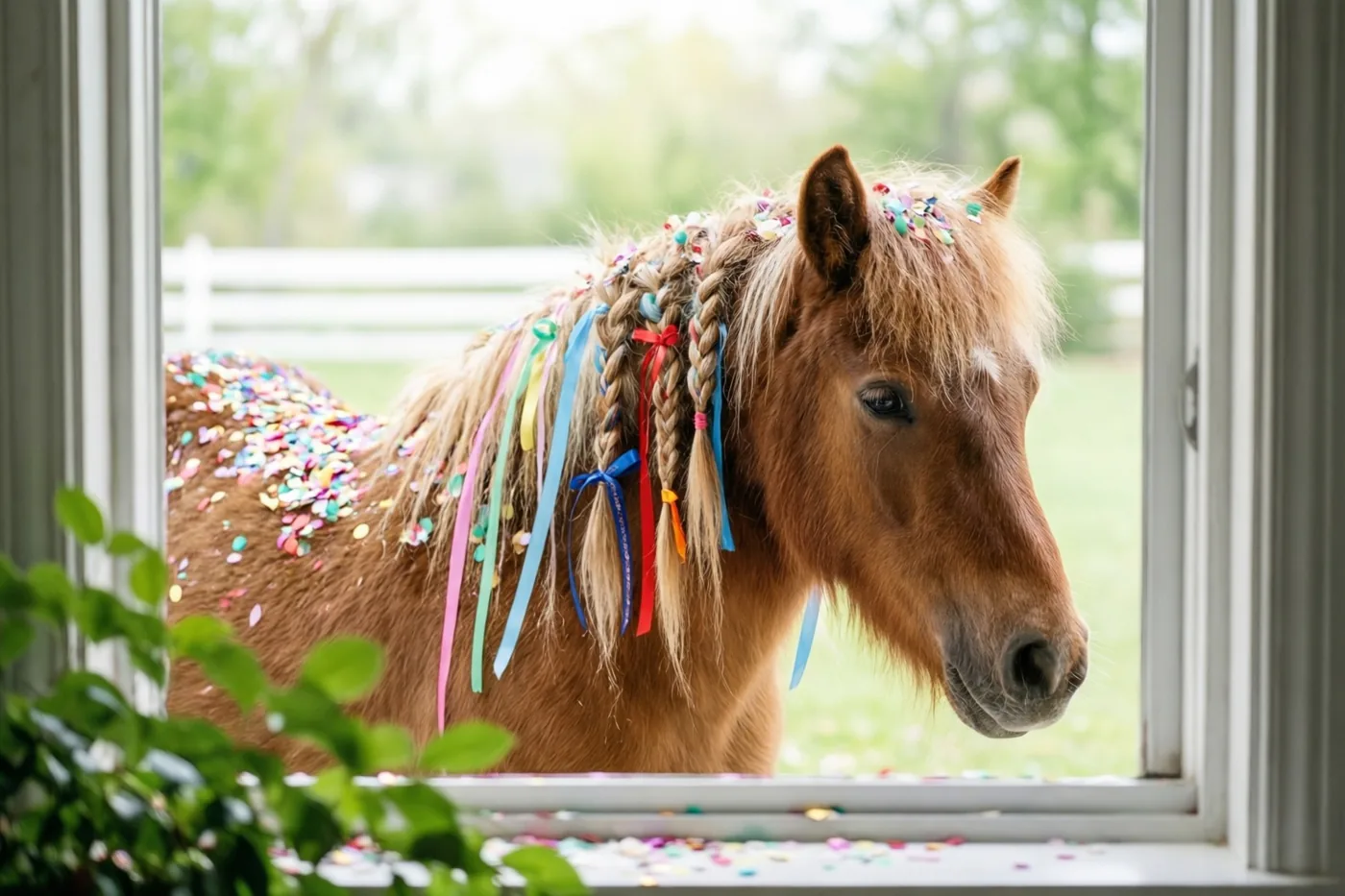 Door een raam is een bruine pony te zien met kleurrijke linten in de manen en confetti op rug en schouders, die rustig naar rechts kijkt voor een wazige groene achtergrond met een wit hek.