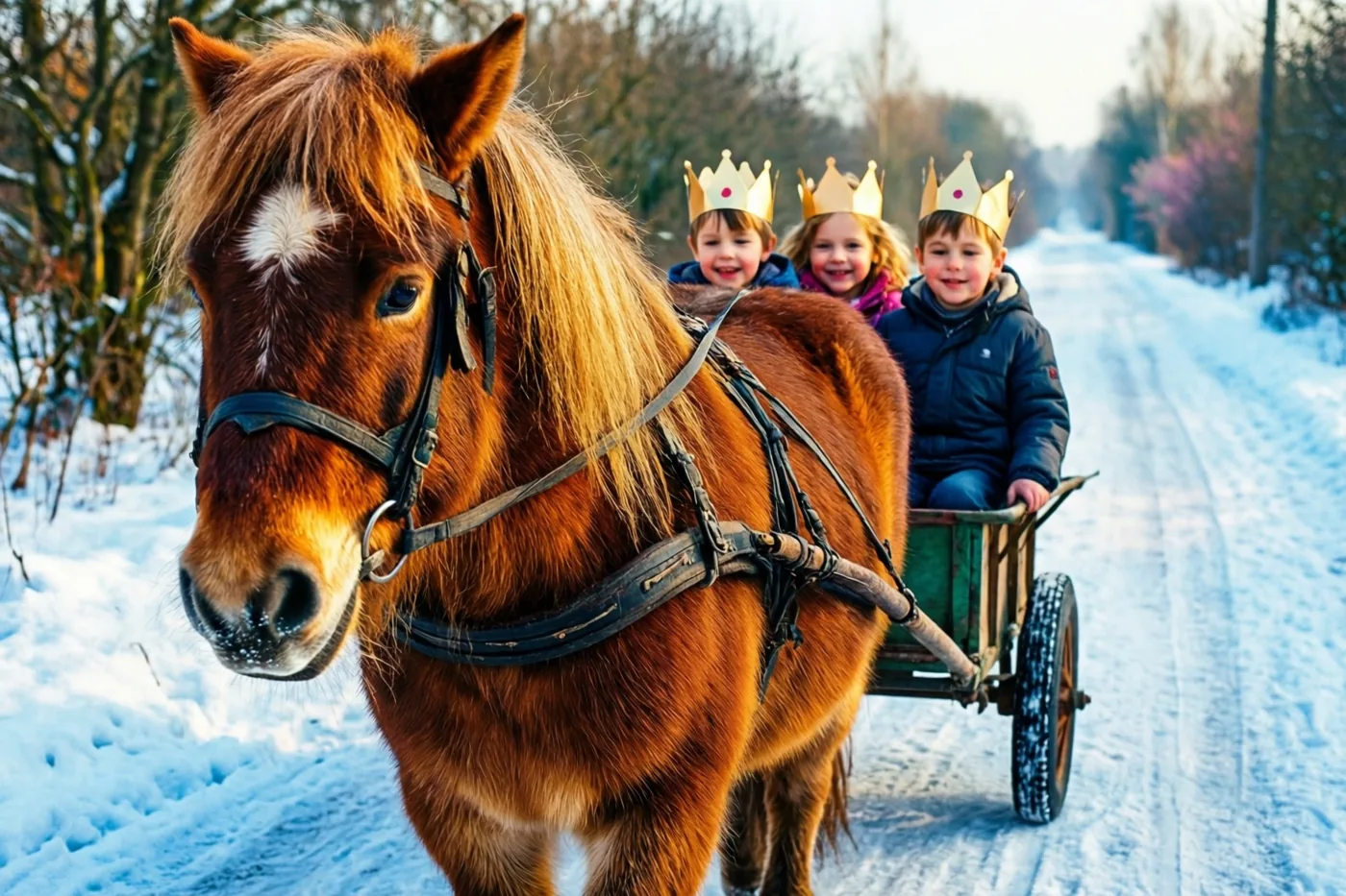 Een bruine pony trekt een kleine kar met drie glimlachende kinderen met papieren kronen over een besneeuwd pad tussen kale bomen.