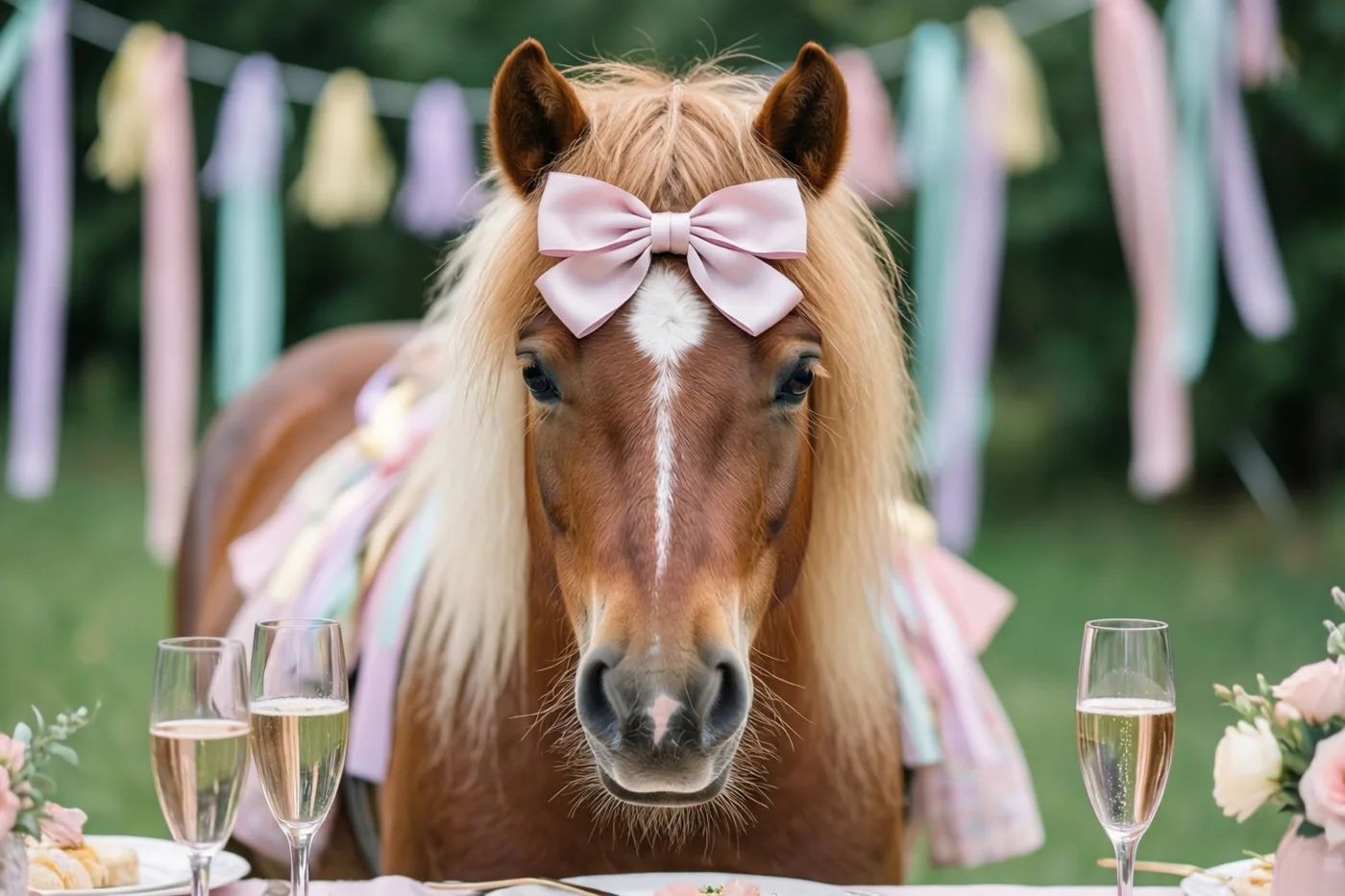 Een bruine pony met een grote roze strik op het hoofd zit aan een versierde tafel met champagneglazen en bloemstukken, met kleurrijke slingers in de tuin.