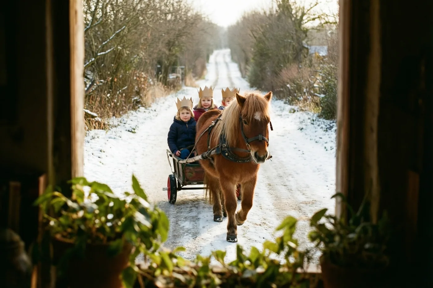 Vanuit een deuropening met een houten kader zie je een kleine bruine pony een kar met drie kinderen met papieren kronen over een besneeuwd pad trekken, in warm winterzonlicht.