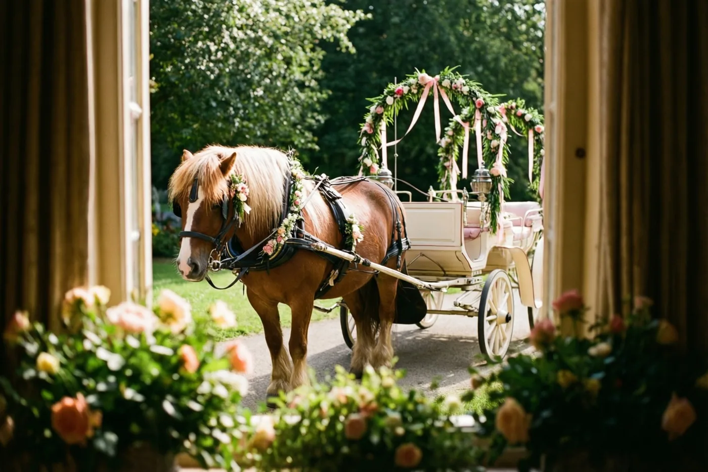Een bruine pony met bloemenslingers trekt een versierd wit trouwkarretje door een deuropening, omlijst door gordijnen en bloemen, met een zonnige groene tuin erachter.