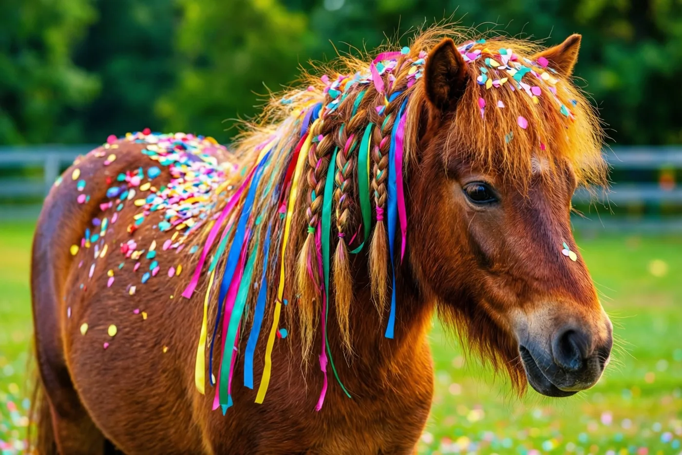 Een bruine pony met kleurrijke linten in de gevlochten manen en confetti op de vacht staat in een grasveld met groen op de achtergrond.