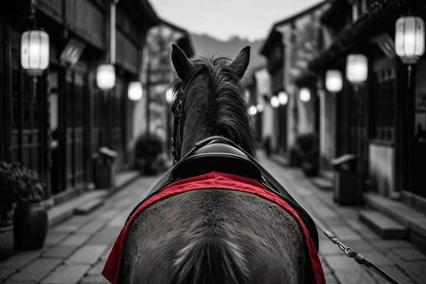 Een pony met een rood zadeldekje loopt van de kijker weg door een smal dorpsstraatje met traditionele gebouwen en lichtgevende lantaarns, in zwart-wit met alleen het zadeldekje in kleur.