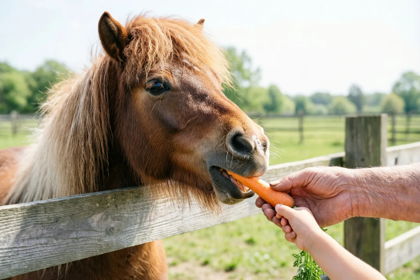 Een bruine pony met ruige manen knabbelt aan een wortel die een gerimpelde en een kleine hand door een houten hek aanbieden, in een zonnige wei.