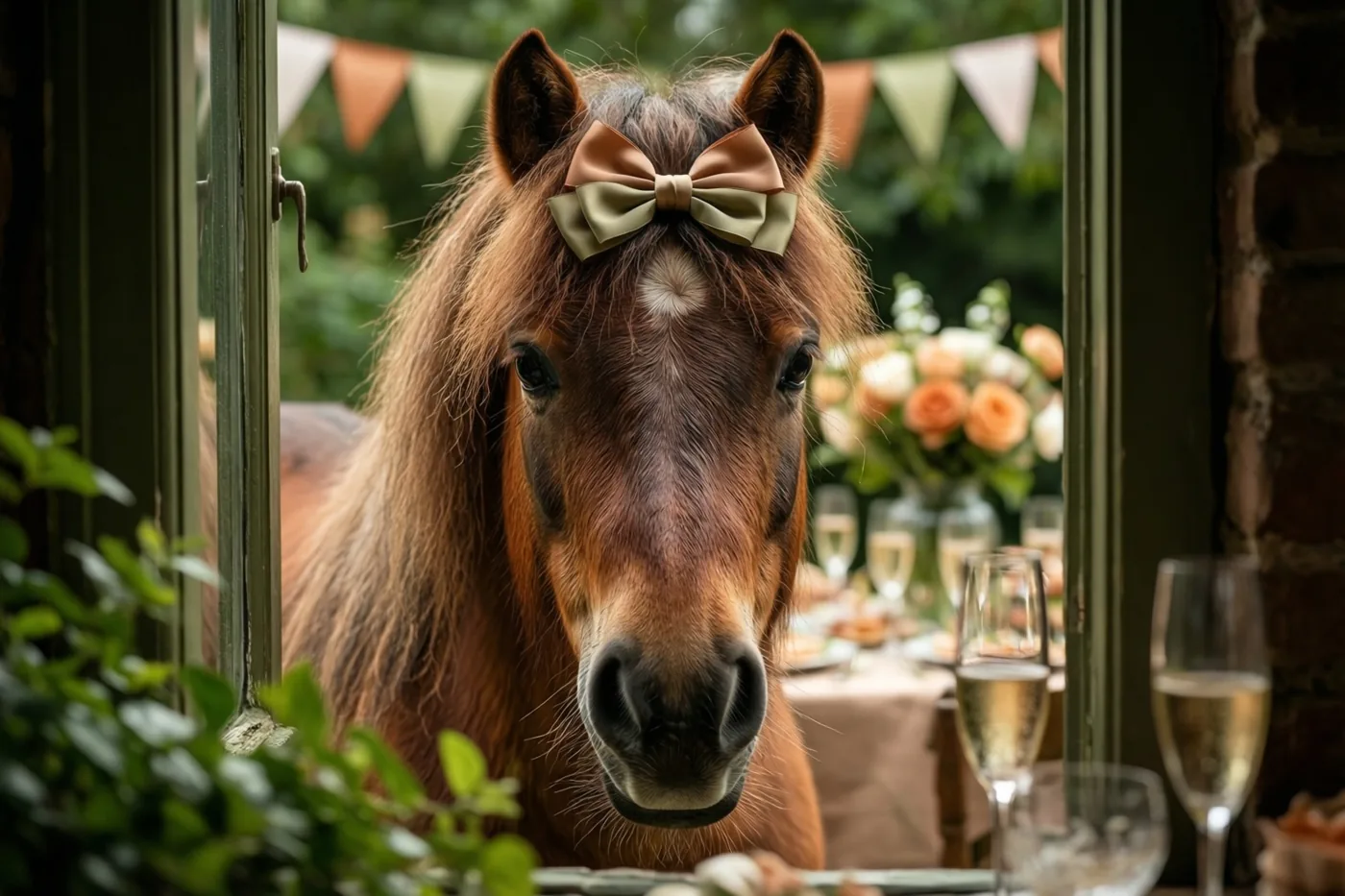 Een bruine pony met een grote strik op het hoofd kijkt door een open raam naar een tuinfeest met champagneglazen en kleurrijke slingers.