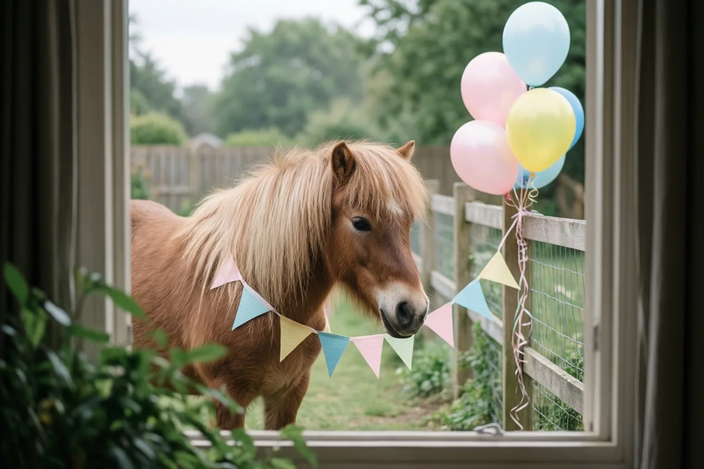 Door een raam is een kleine bruine pony met blonde manen te zien in een tuin, met een kleurrijke papieren vlaggenslinger om zijn hals en pastelballonnen aan een houten omheining.