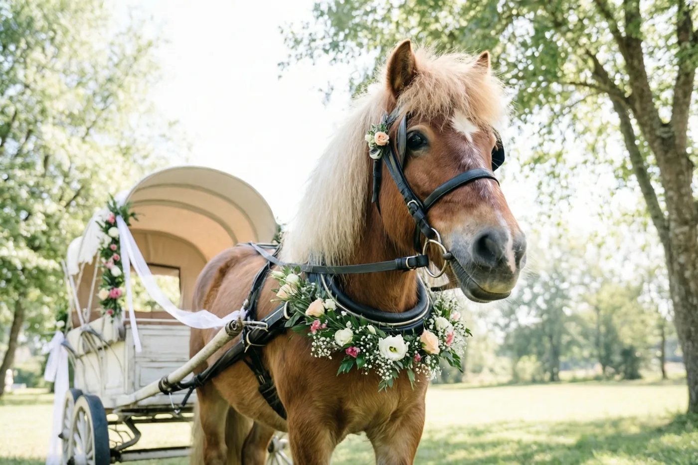Een bruine pony met witte manen en bloemenslingers aan hoofdstel en hals staat voor een wit trouwkarretje met linten en bloemen in een zonnige weide met bomen.