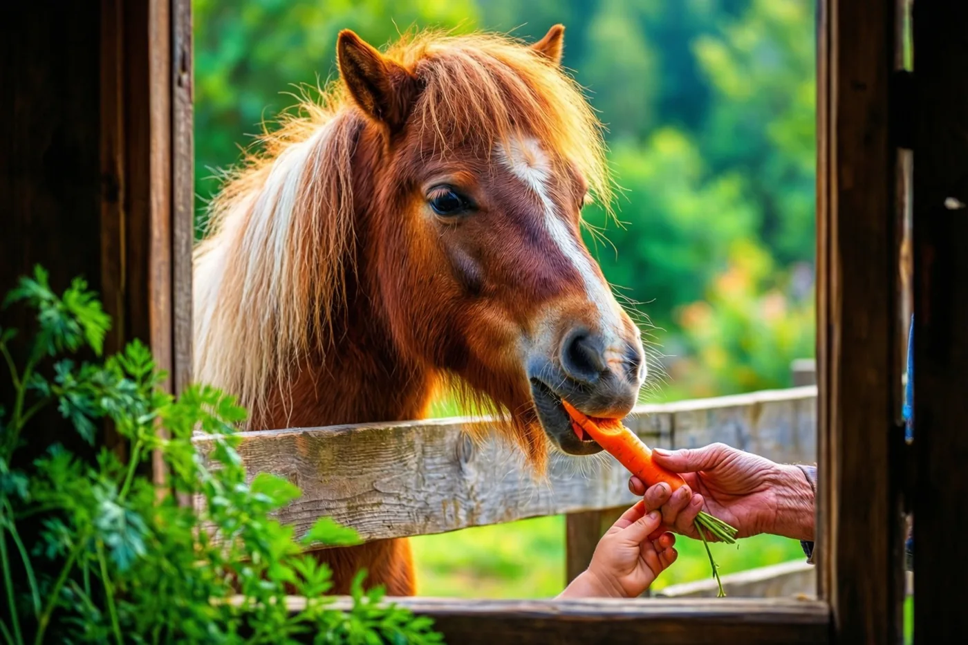 Een kleine bruine pony met witte manen en een witte bles knabbelt aan een wortel die een gerimpelde en een kleine hand door een houten hek aanbieden, met groen op de achtergrond.
