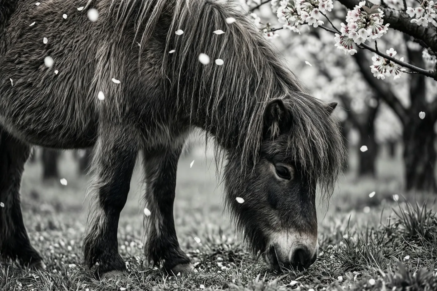 Een zwart-witfoto toont een ruige pony die graast onder een bloeiende kersenboom met neerdwarrelende bloemblaadjes en een onscherpe achtergrond.