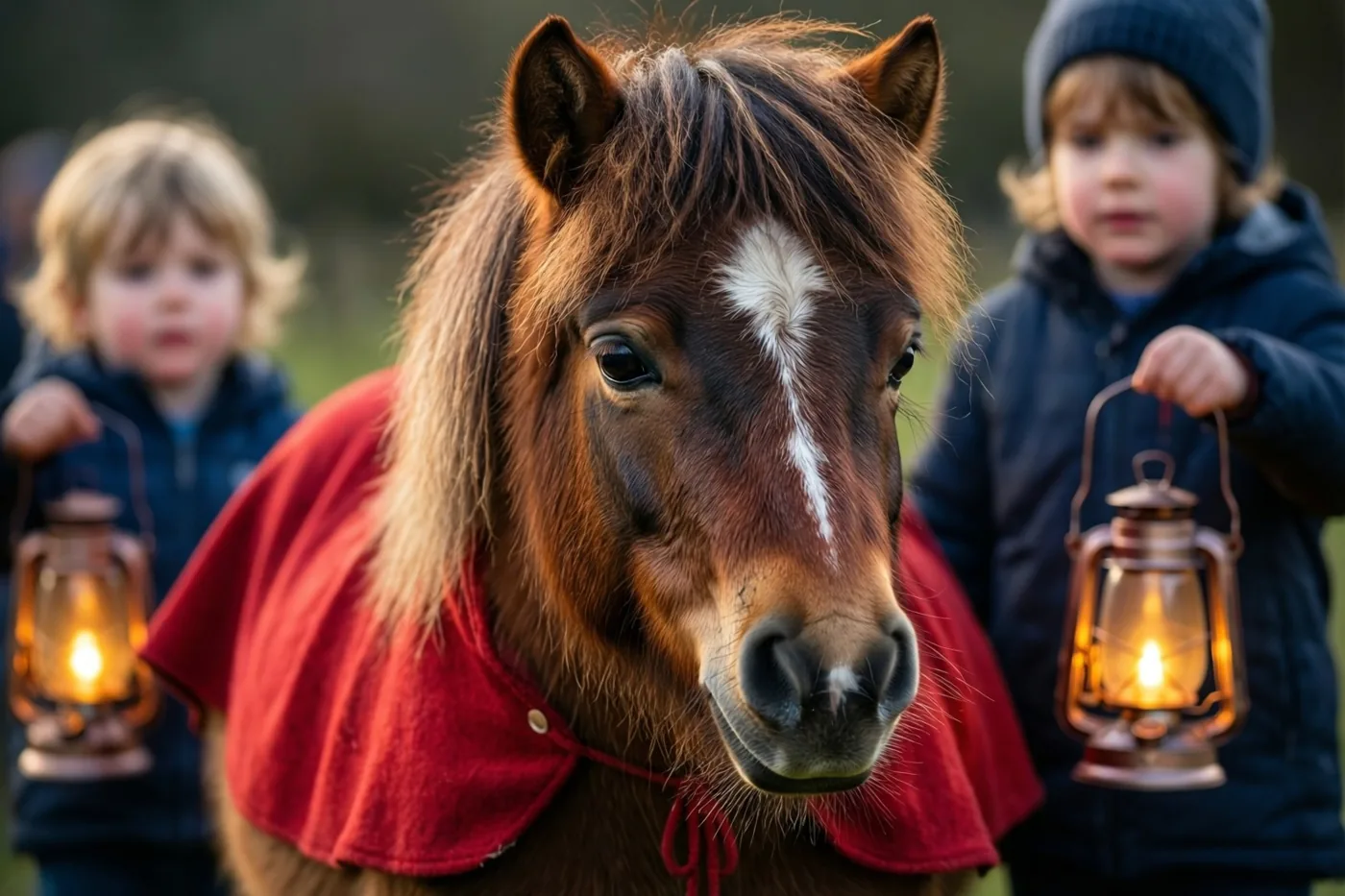 Een shetlandpony met een rode mantel staat buiten tussen twee kinderen met brandende lantaarns, in zacht warm licht.