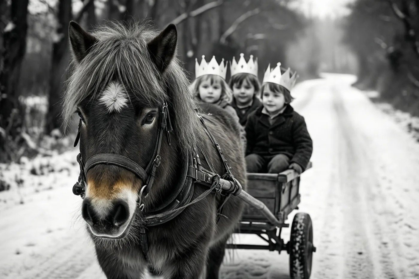 Een pony trekt een kleine kar met drie kinderen met papieren kronen over een besneeuwd pad in een zwart-witbeeld.