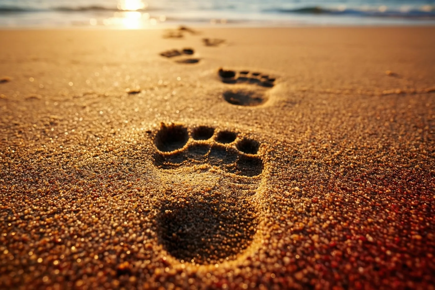Pootafdrukken in goudkleurig zand lopen richting de zee bij zonsondergang, met de voorgrond scherp en de achtergrond onscherp.