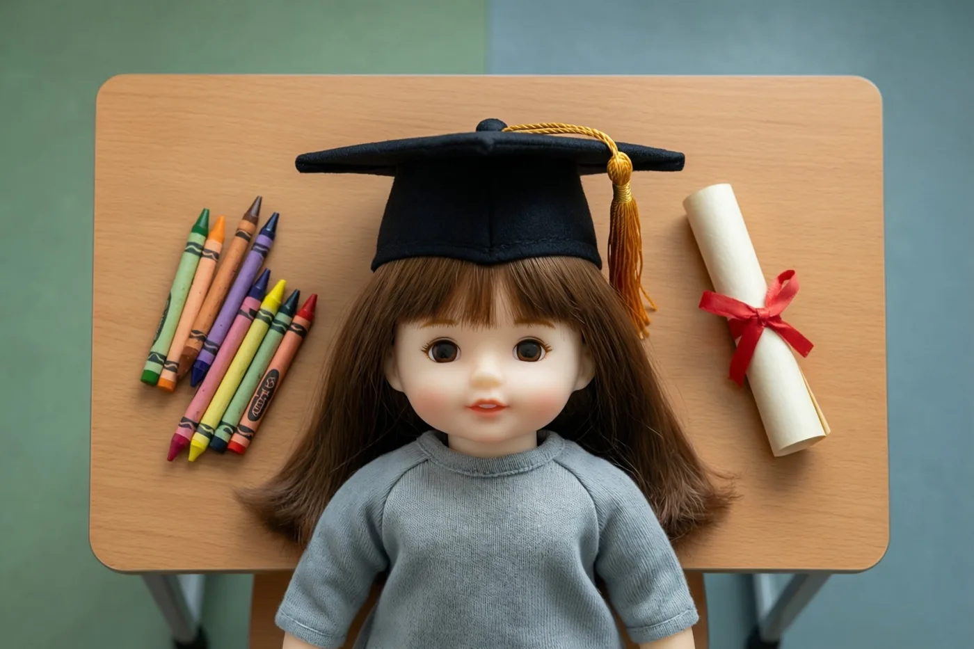 Een pop met een afstudeerhoed zit aan een houten bureau met daarnaast een opgerold diploma met een rood lint en kleurrijke waskrijtjes tegen een gedempte groenblauwe achtergrond.