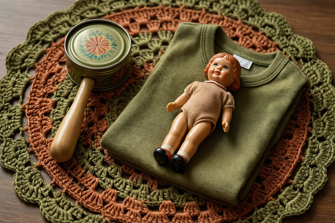 Een oude celluloidpop en een blikken rammelaar liggen naast een opgevouwen olijfgroen babypakje op een gehaakt kleedje op een houten oppervlak.