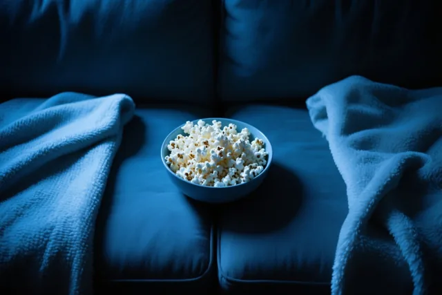 Een kom popcorn staat op een donkerblauwe zetel tussen twee dekens met reliëf in koelblauw licht.