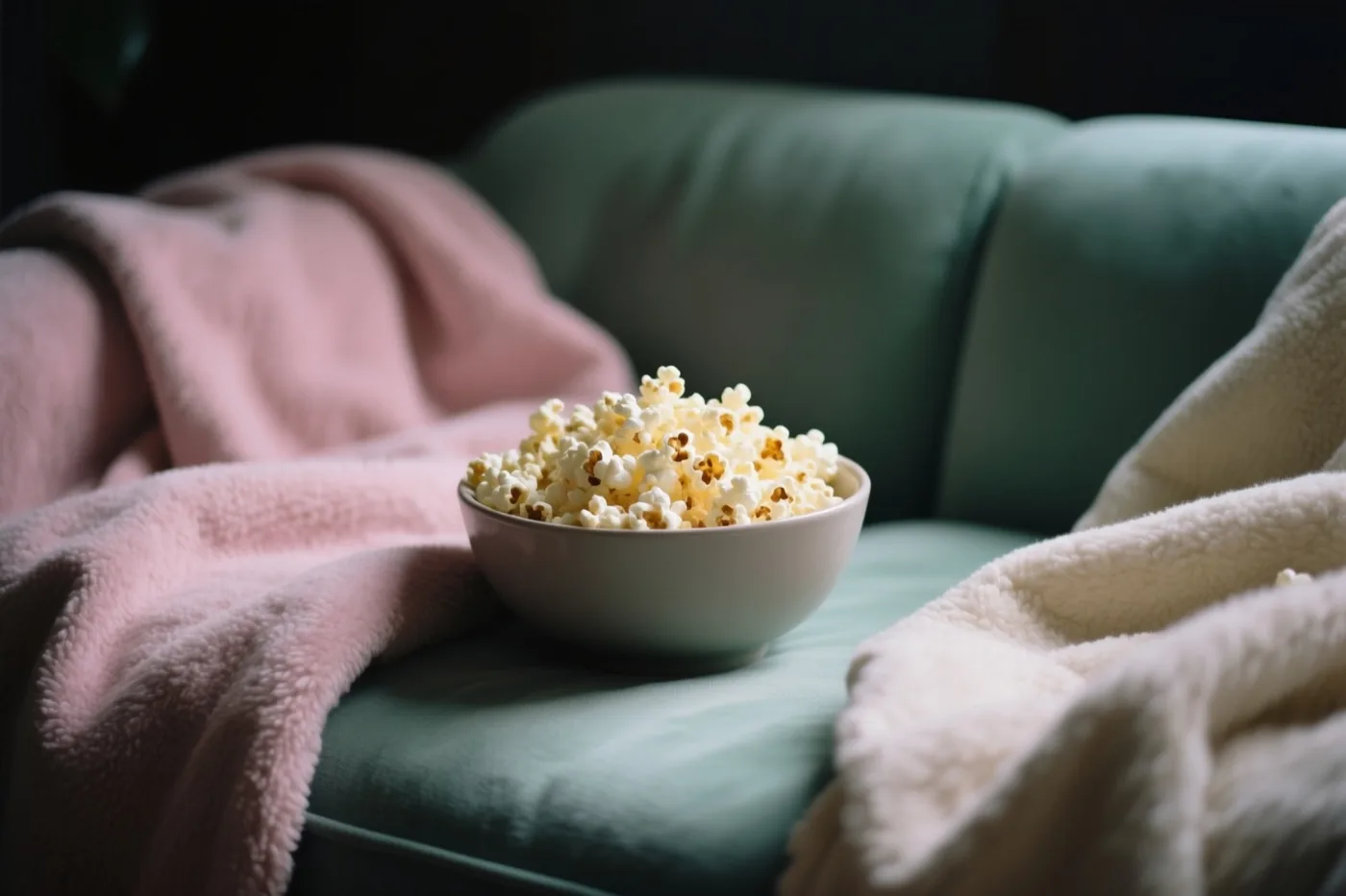 Een witte kom popcorn staat op een groene zetel tussen een roze en een crèmekleurige pluizige deken.