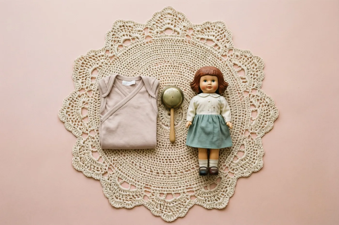 Een oude celluloidpop met bruin haar, een witte blouse en een groene rok staat naast een opgevouwen beige babypakje en een blikken rammelaar op een crèmekleurig gehaakt kleedje tegen een lichtroze achtergrond.