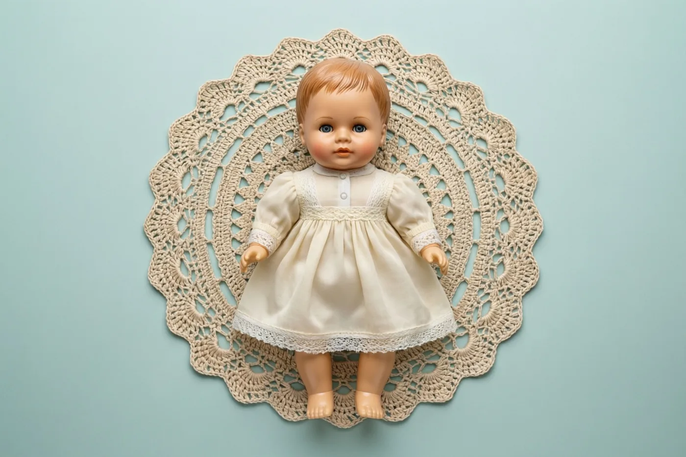 Een oude celluloid babypop in een crèmekleurig doopkleedje staat centraal op een beige gehaakt kleedje tegen een effen lichtblauwe achtergrond.