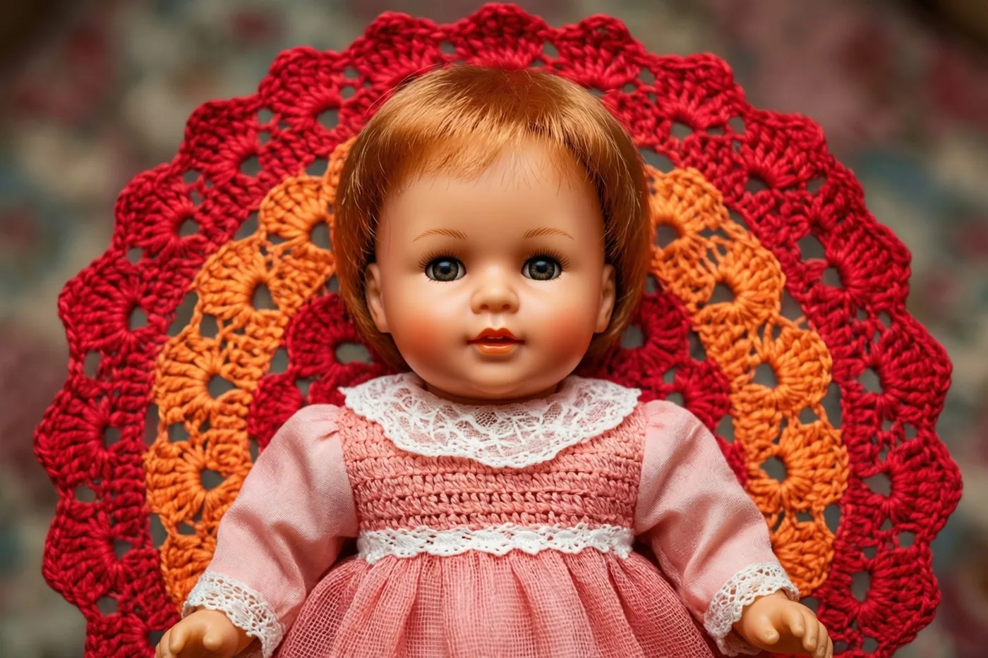 Een oude celluloid babypop met roodbruin haar en grote ogen zit in een roze doopkleedje met wit kant op een rood en oranje gehaakt kleedje.