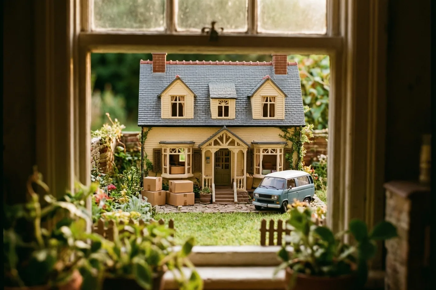 Door een raamkozijn is een miniatuurpoppenhuis met kleine verhuisdozen en een klein verhuisbusje te zien in een tuin met potplanten en warm daglicht.