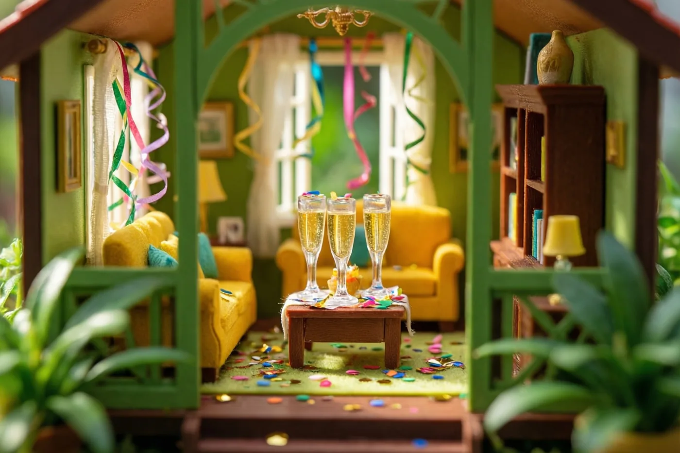 Een poppenhuiswoonkamer met groene muren en gele meubels is versierd met kleurrijke serpentines en confetti op de vloer, met drie champagneglazen op een tafeltje.