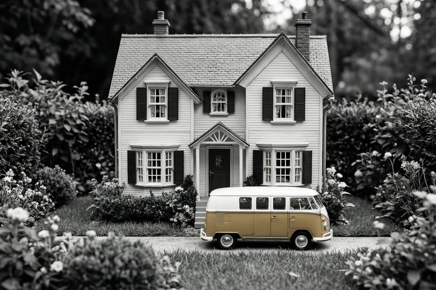 Een miniatuurpoppenhuis met zwarte luiken staat tussen tuinplanten met een klein oud busje ervoor, in zwart-wit met sepiatinten op het busje.