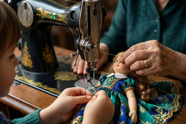 Een grootmoeder en een kind naaien een poppenjurkje aan een sierlijke oude zwarte naaimachine op een houten tafel in warm licht.
