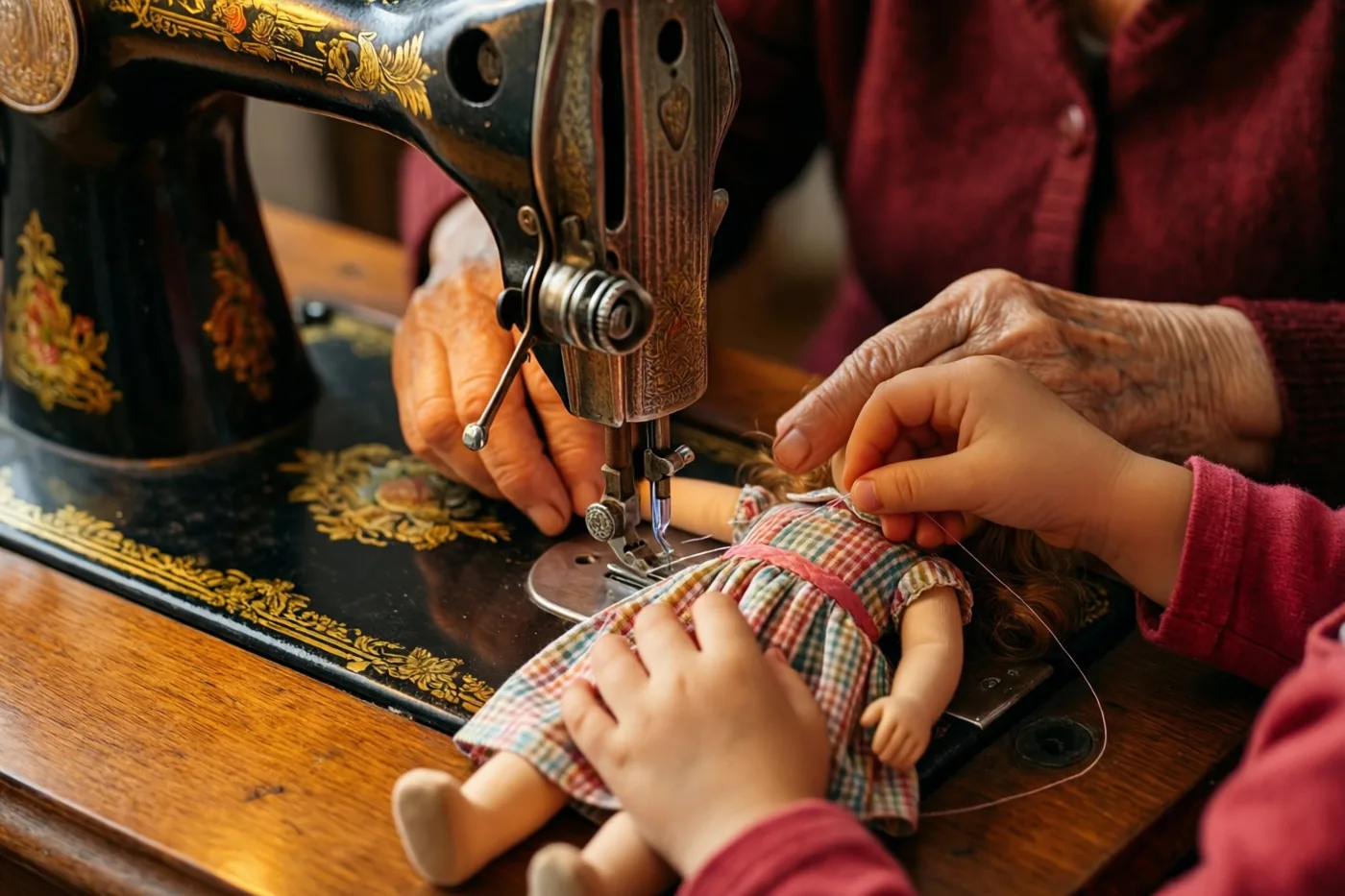 Een oudere persoon en een kind naaien een geruit jurkje aan een pop met een sierlijke oude naaimachine op een houten tafel.