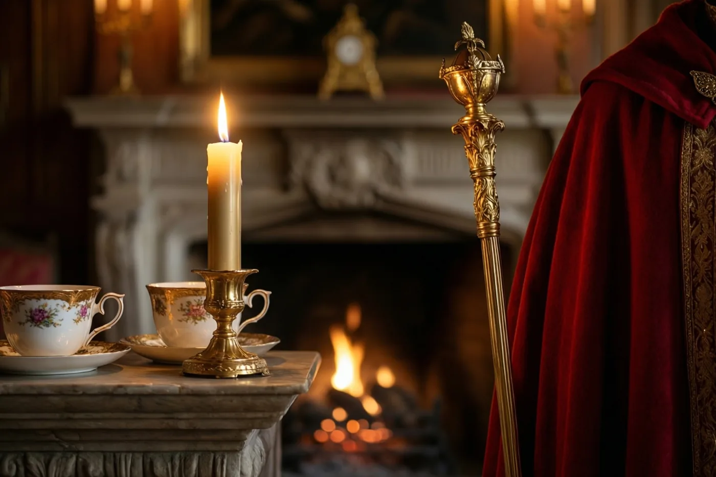 Op een schouw staan fijne porseleinen kopjes en een gouden staf naast een rode mantel, verlicht door kaarslicht.