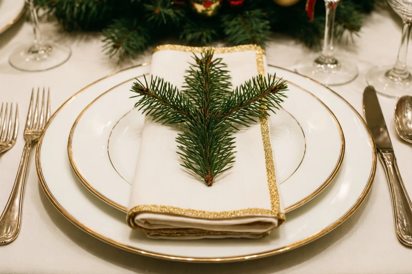 Witte porseleinen borden met gouden randen staan met een wit servet met gouden boord en een vers dennentakje op een wit tafelkleed, met bestek en wijnglazen ernaast.