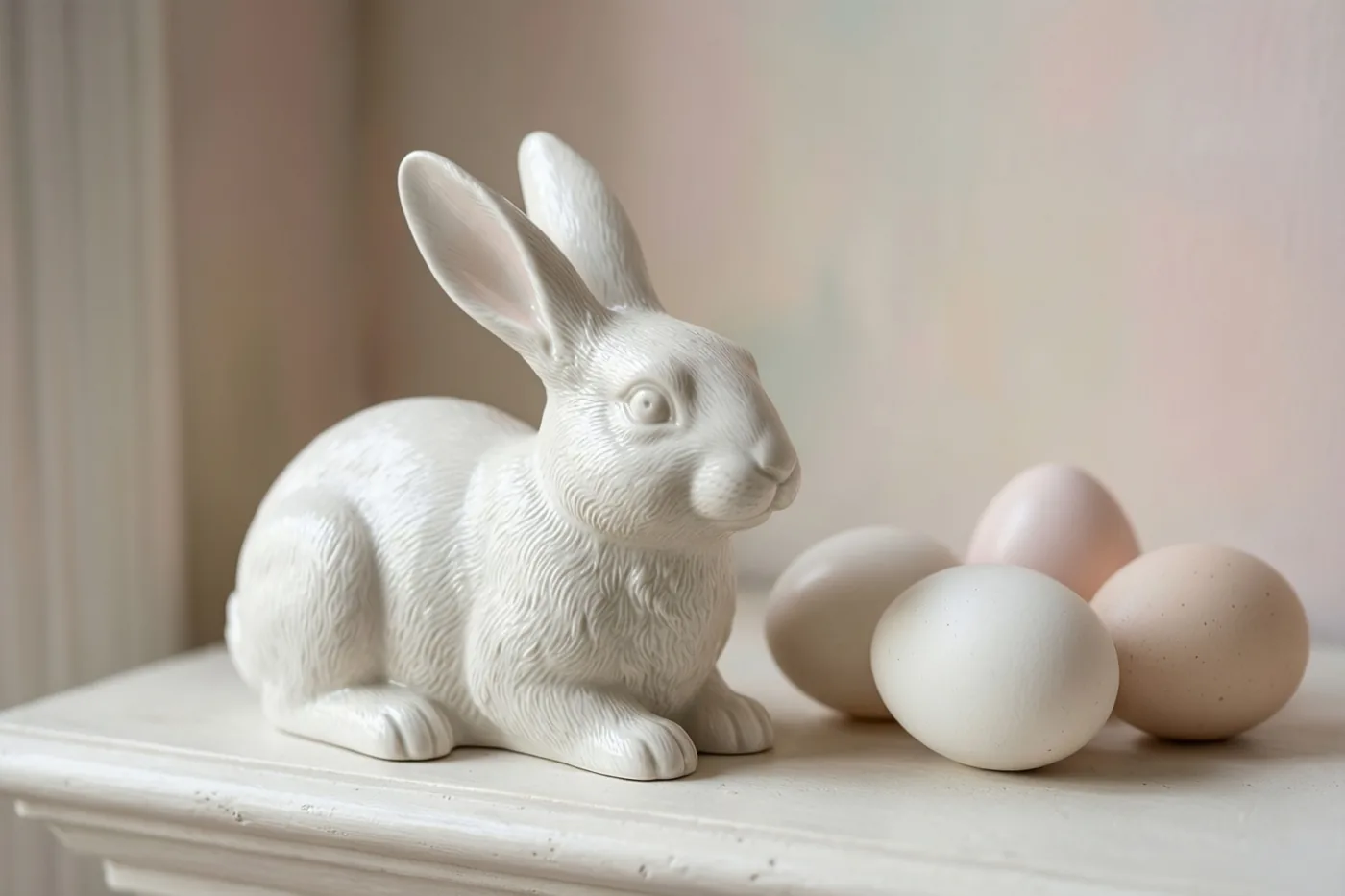 Een witte porseleinen haas staat naast vier eieren op een witte schouw, in zacht licht met pastelroze en beige tinten.
