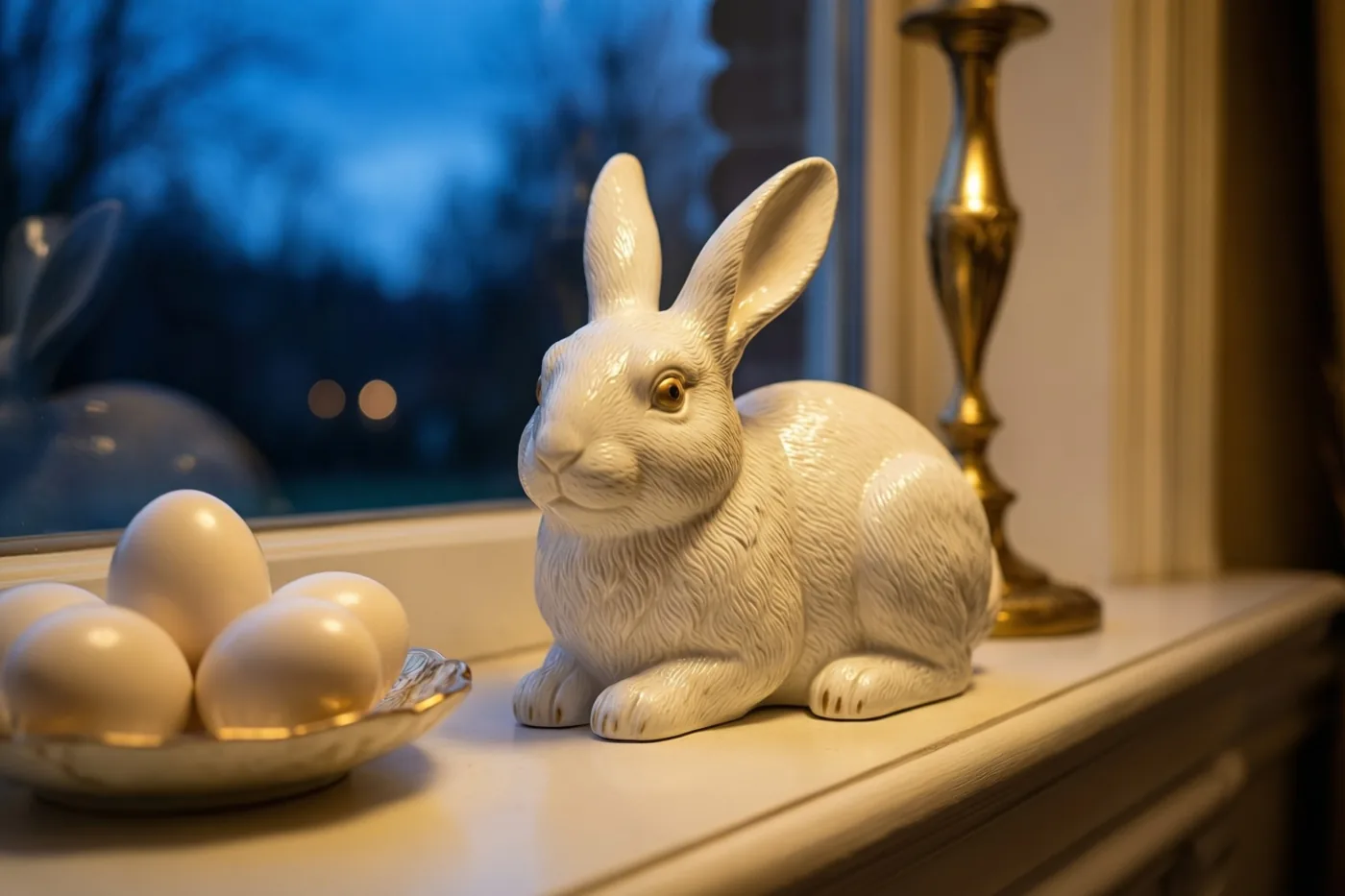 Een witte porseleinen haas staat naast een schaaltje porseleinen eieren op een warm verlichte schouw, met een raam en een blauwgetint uitzicht op de achtergrond.