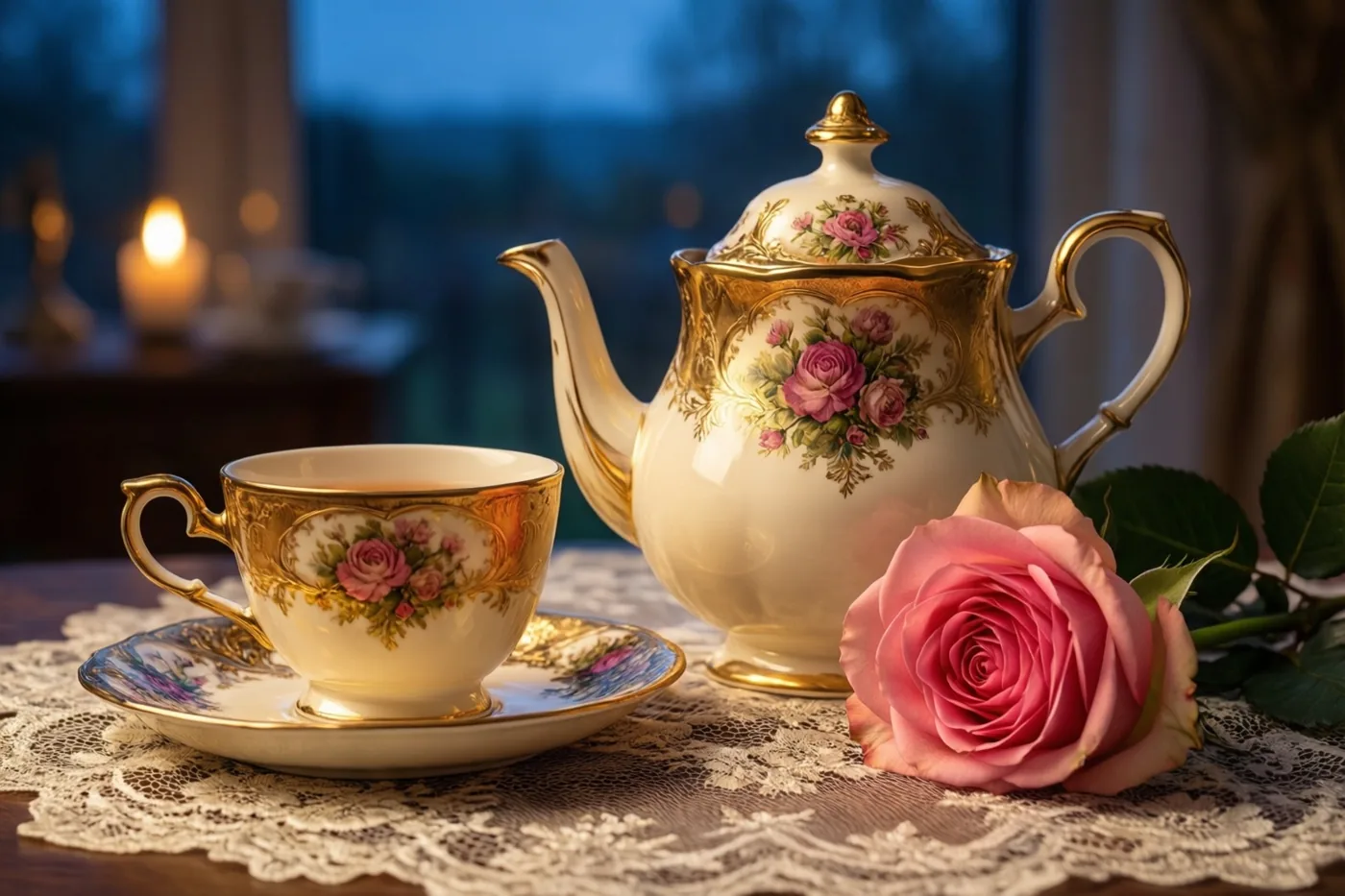 Een oud porseleinen theeservies met gouden randen en roze rozenmotieven staat op een wit kanten doek, met kaarslicht op de achtergrond in de schemering.