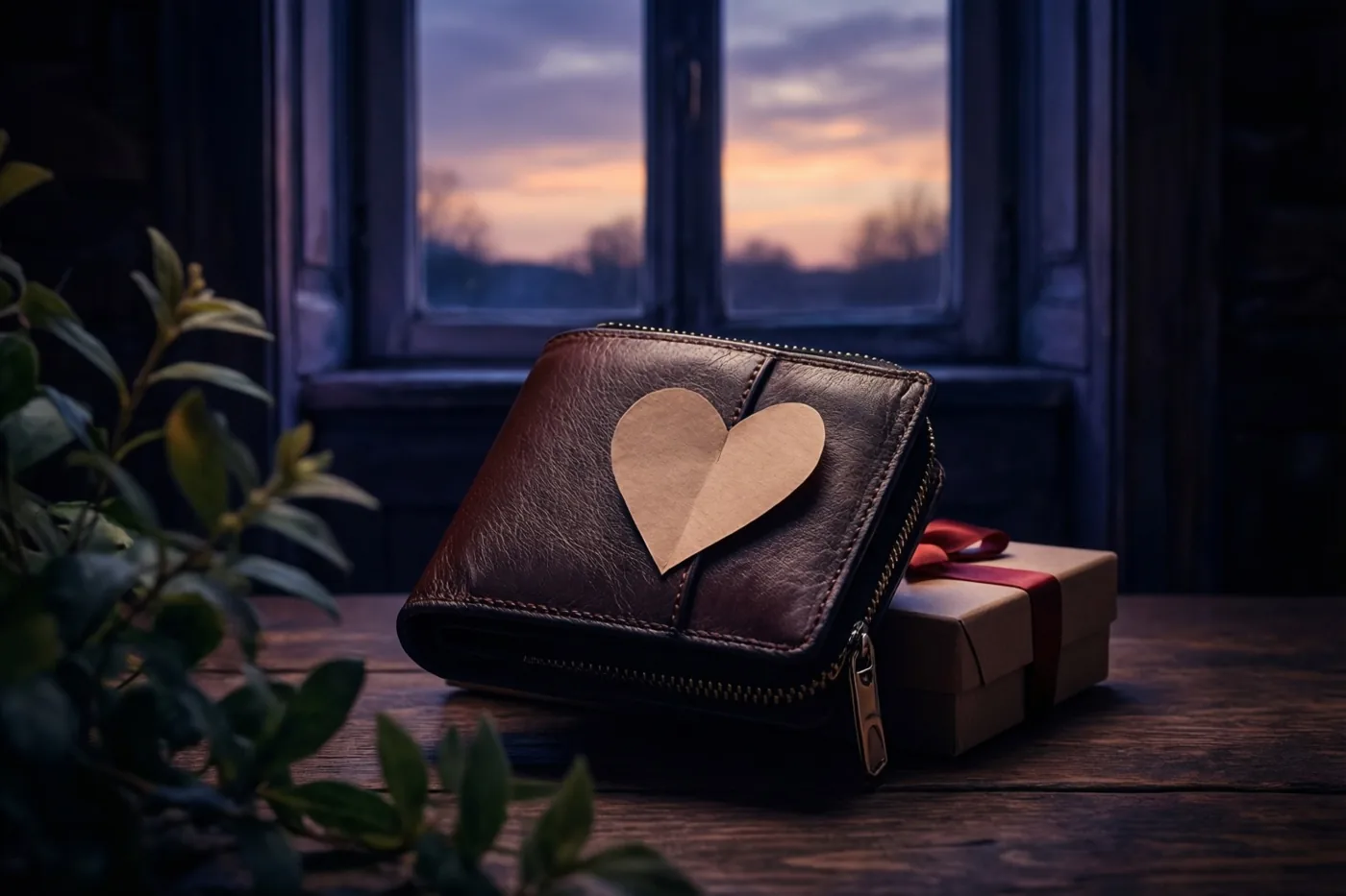 Een bruine leren portefeuille met een papieren hart ligt op een houten tafel naast een geschenkdoos, met een zonsondergang door het raam op de achtergrond.