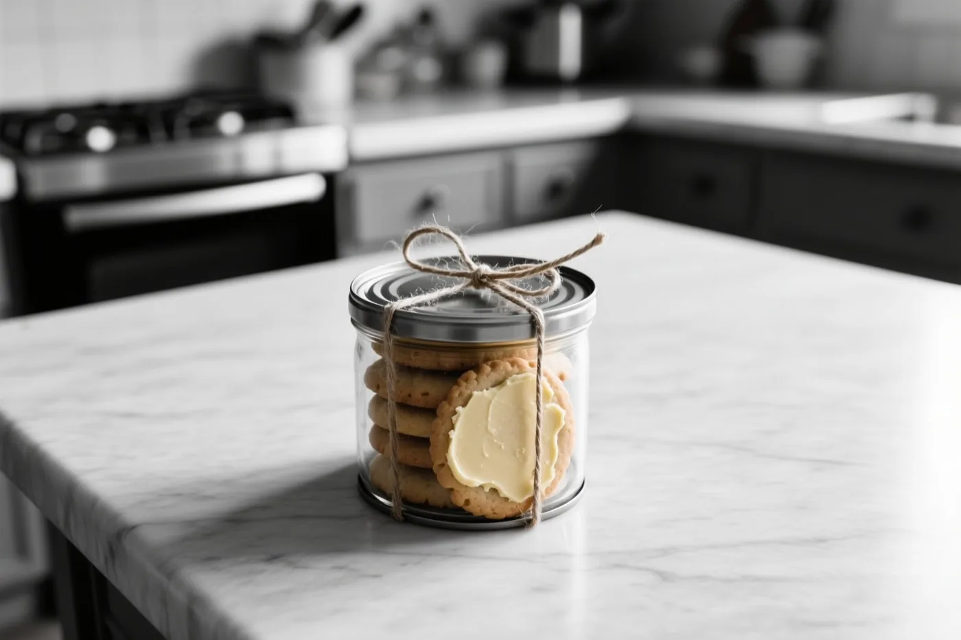 Een glazen pot met een touwtje bevat boterkoekjes, waarvan één met boter erop, op een marmeren werkblad voor een zwart-witte keukenachtergrond.