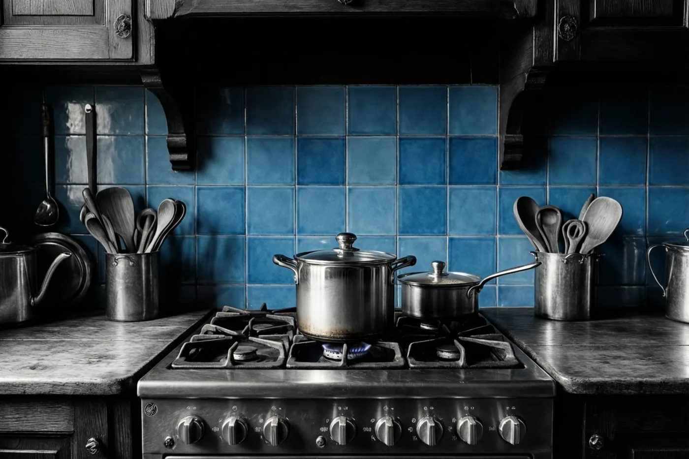 Een pot staat op een brandende gaspit in een keuken met een blauwe tegelwand en donkere houten kasten.