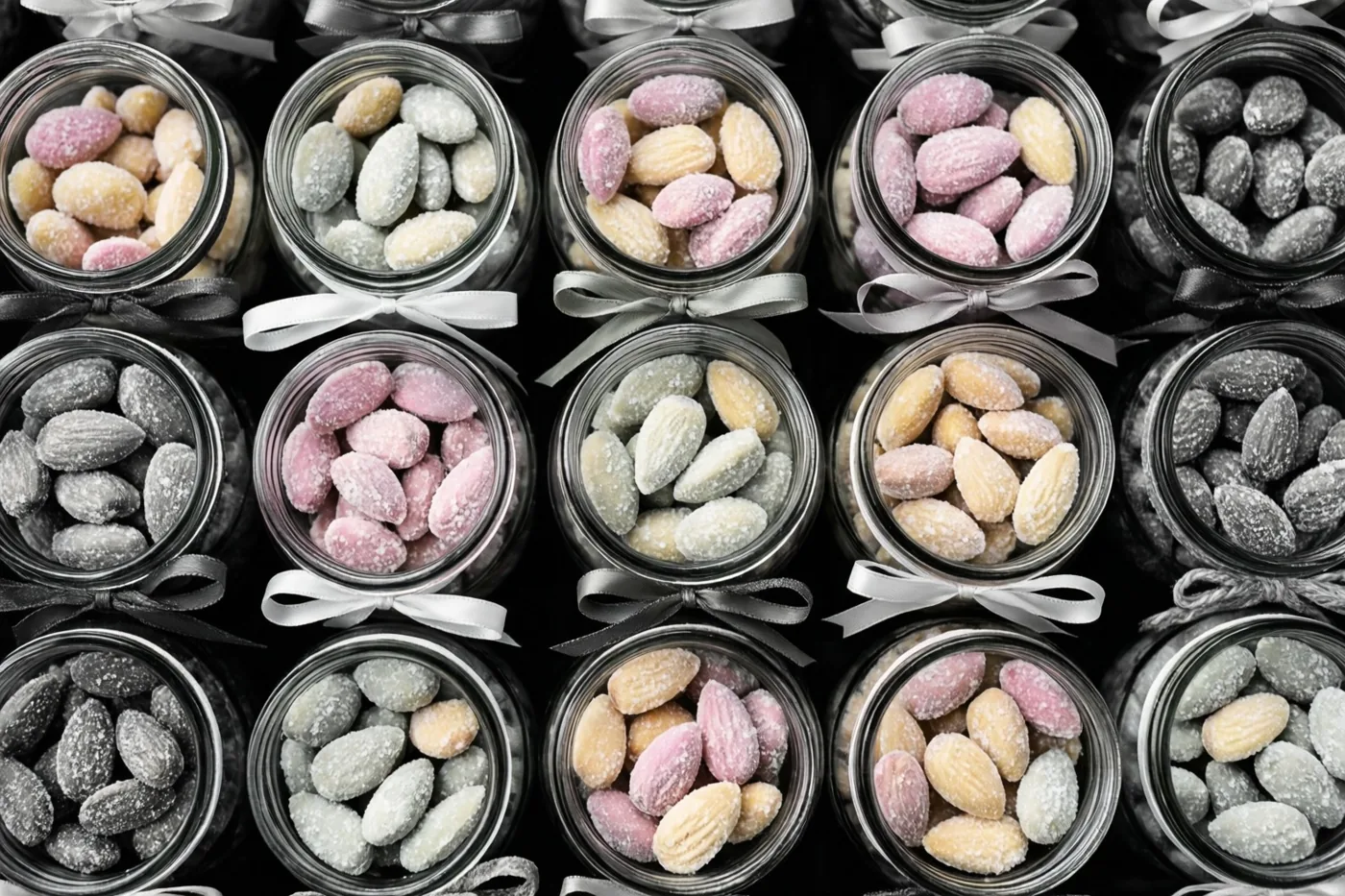 Van bovenaf zijn kleine glazen potjes met pastelkleurige suikerbonen en lintjes te zien tegen een donkere achtergrond, met vooral roze, beige en wit.