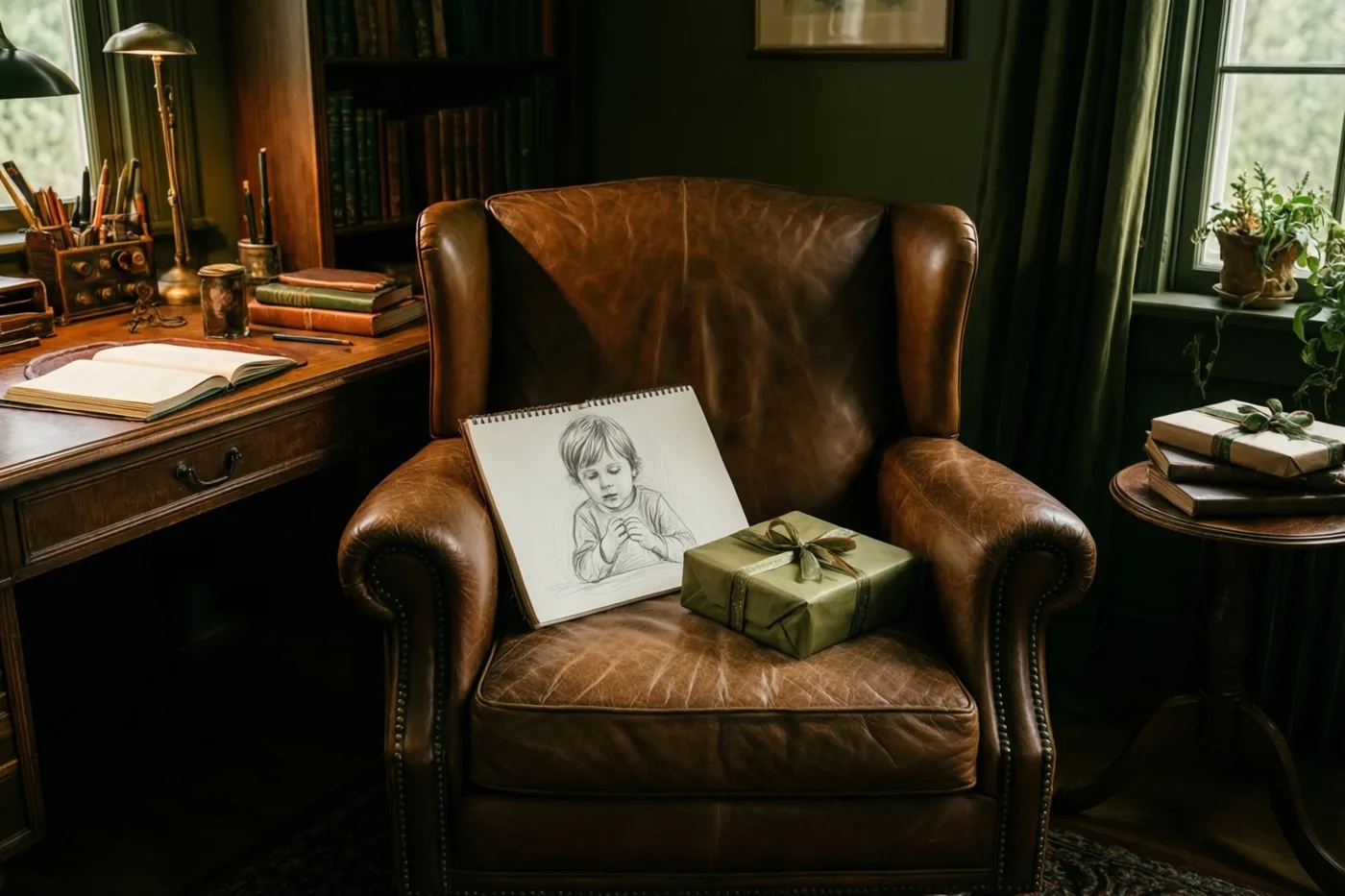 Een potloodtekening van een kind en een ingepakt cadeau liggen op een bruine leren zetel in een warm verlichte studeerkamer met donkere houten meubels, boekenkasten en groene gordijnen.